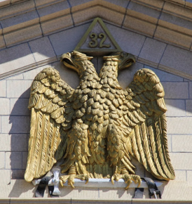 Double-headed eagle at apex of Scottish Rite Masonic Center