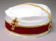 A circular white cap with a red band