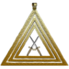 Three gold concentric triangles enclosing two crossed swords